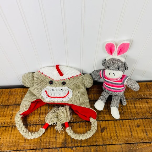 Lot of 2-Kids Sock Monkey Beanie/ Hat- Arizona & Small Sock Monkey Plush Dan Dee - Picture 9 of 15